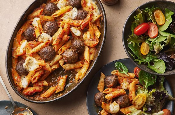 Wagyu meatball bake with penne & tomato sauce