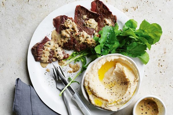 Wagyu minute steaks with peppercorn sauce and mash