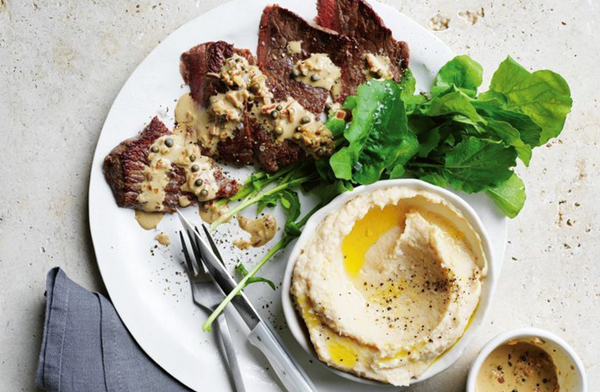Wagyu minute steaks with peppercorn sauce and mash