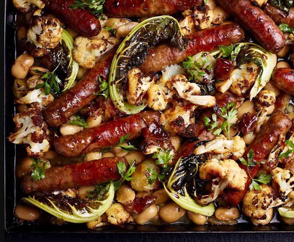 Wagyu sausage & date traybake