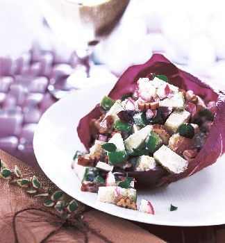 Waldorf salad with cranberries and pecans in radicchio cups