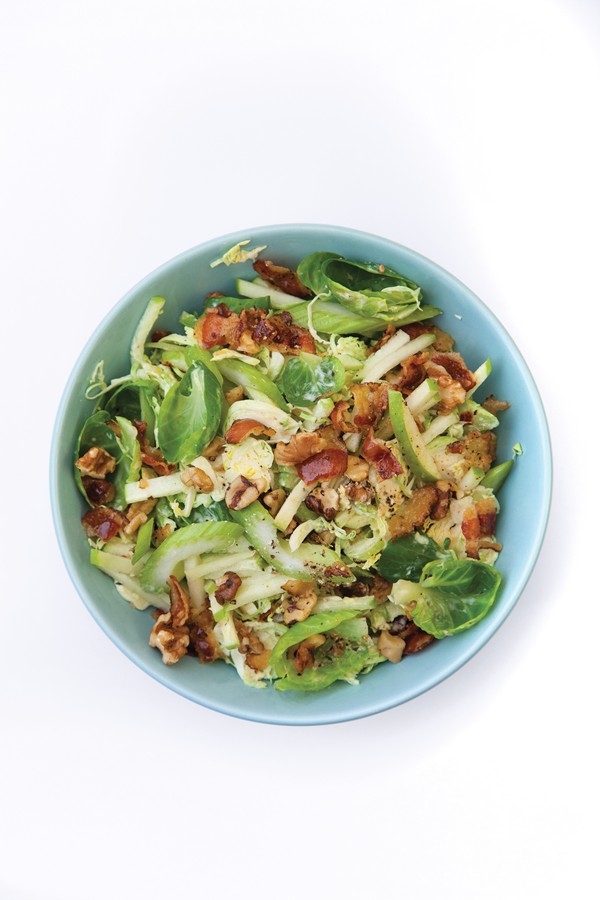Waldorf-style Brussels sprout salad with guanciale