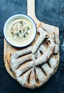 Walnut and black pepper 'leaf bread' with baked Camembert