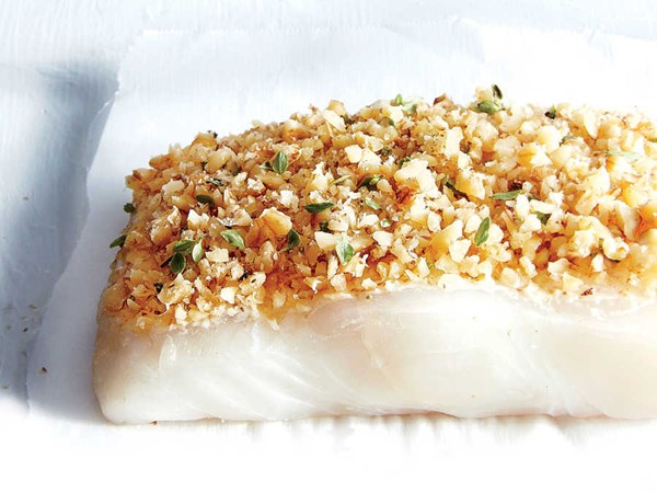 Walnut-and-Dijon crusted halibut