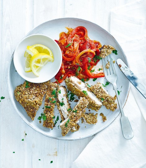 Walnut and oat crusted chicken with peperonata