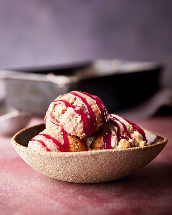 Walnut and vanilla ice cream with a plum ripple