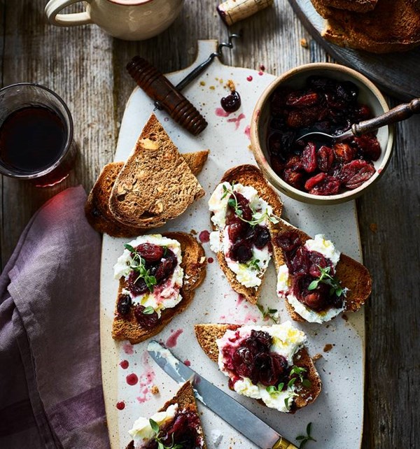 Walnut bruschetta with whipped ricotta and roasted red wine grapes