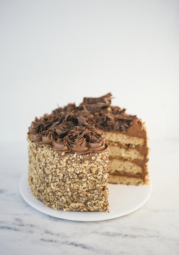 Walnut cake with chocolate buttercream and candied walnuts