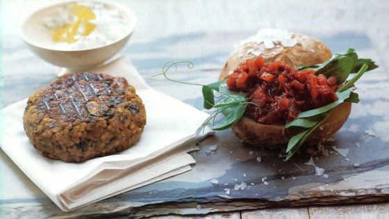 Walnut, courgette and millet burger with lemon mint labna and smoky tomato and pepper relish