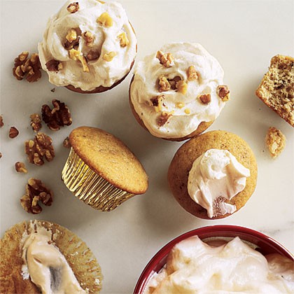 Walnut cupcakes with maple frosting
