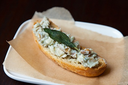 Walnut Gorgonzola crostini with crumbled fried sage