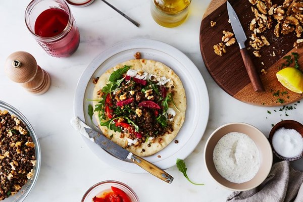 Walnut-lentil gyros with spiced yogurt