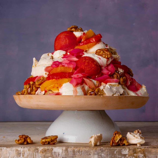 Walnut meringue tumble with rhubarb and curds