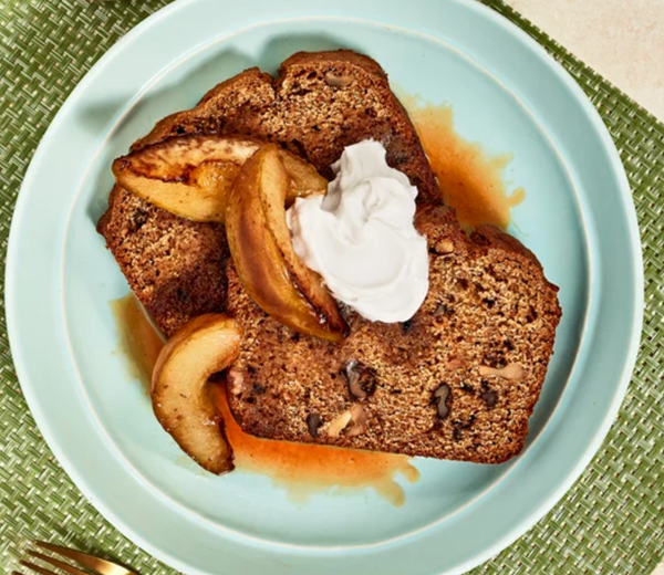 Walnut spice cake with butterscotch pears