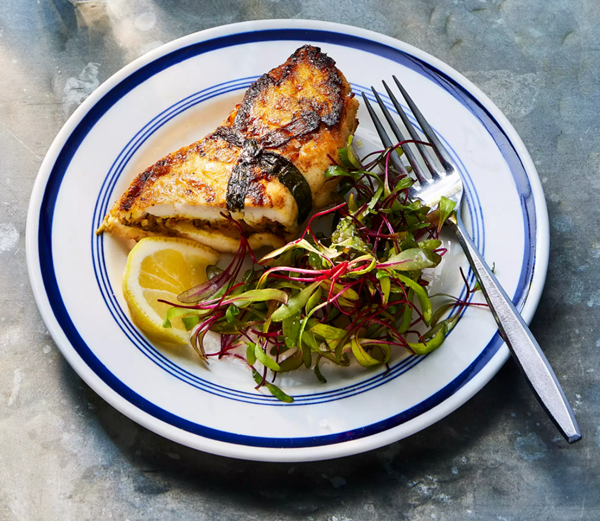 Walnut-stuffed black sea bass