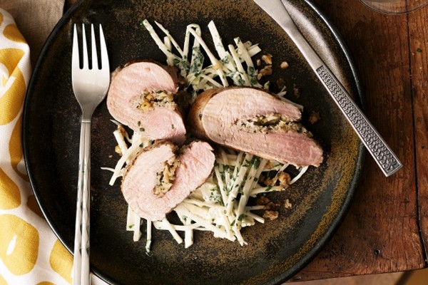 Walnut-stuffed pork with celeriac and horseradish remoulade