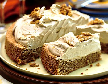 Walnut torte with coffee whipped cream