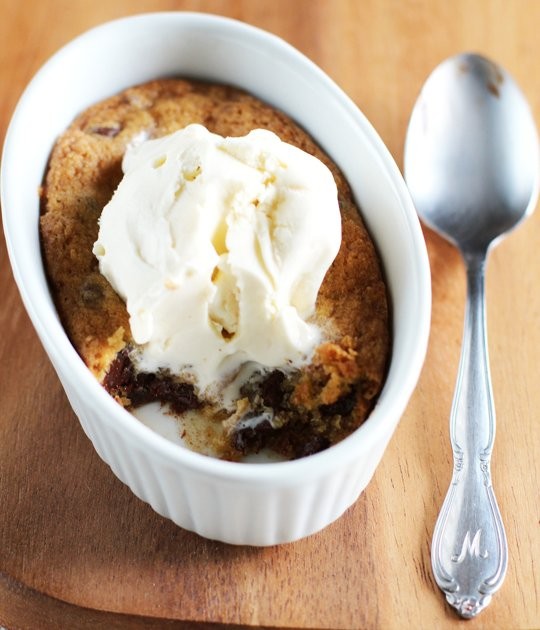 Warm and gooey deep dish chocolate chip cookies