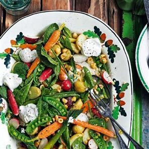 Warm baby veg salad with toasted hazelnuts, homemade goat's curd and sherry vinaigrette