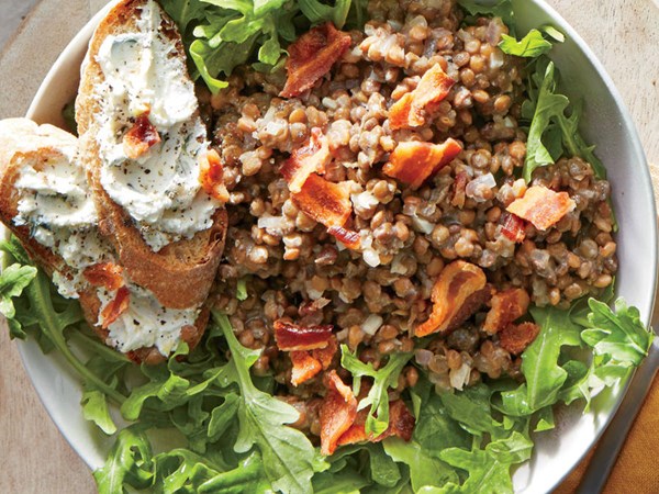 Warm bacon-Dijon lentil salad with goat cheese crostini