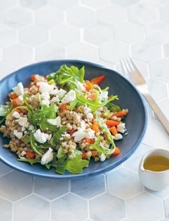 Warm barley salad with feta and lemon dressing