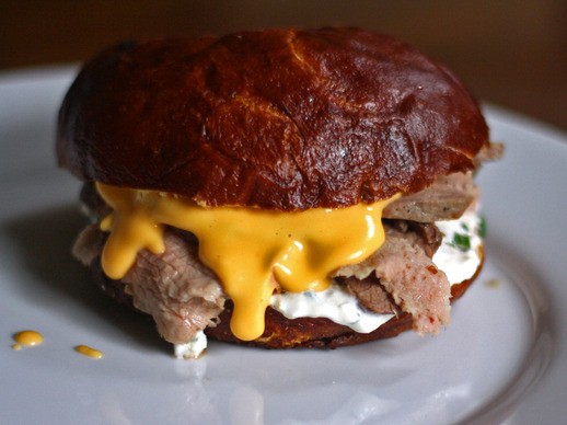 Warm beef and cheddar sandwiches with horseradish sauce