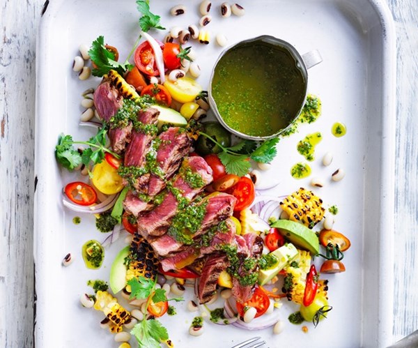 Warm beef salad with black-eyed peas, corn & chimichurri