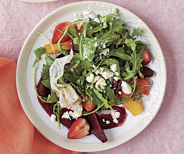 Warm beet and strawberry salad with lardo and cava vinaigrette
