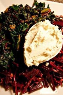 Warm beet greens and beet stems with whipped feta