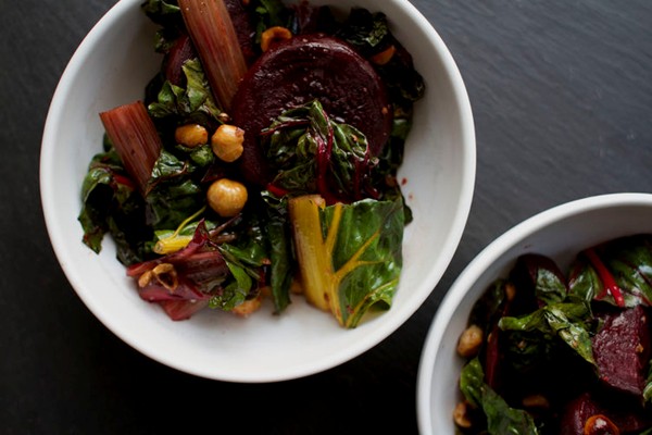 Warm beet Swiss chard, and hazelnut salad