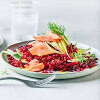 Warm beetroot, spelt & smoked trout salad