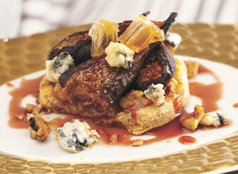 Warm black mission fig, walnut crunch, and blue cheese tartlets