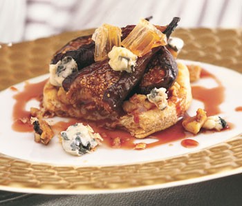 Warm black mission fig, walnut crunch, and blue cheese tartlets