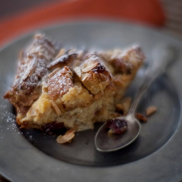 Warm brioche, sour cherry and almond pudding