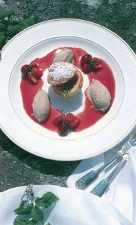 Warm brioche with poached red fruit and cinnamon ice cream [Shaun Hill]