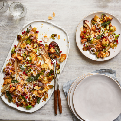 Warm Brussels sprout panzanella with chicory and almonds