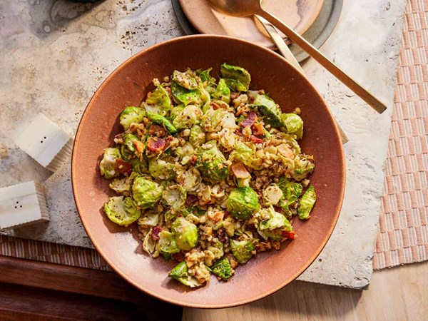 Warm Brussels sprout salad with bacon and hazelnut vinaigrette