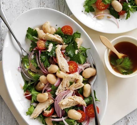 Warm butter bean, tuna, cherry tomato and herb salad