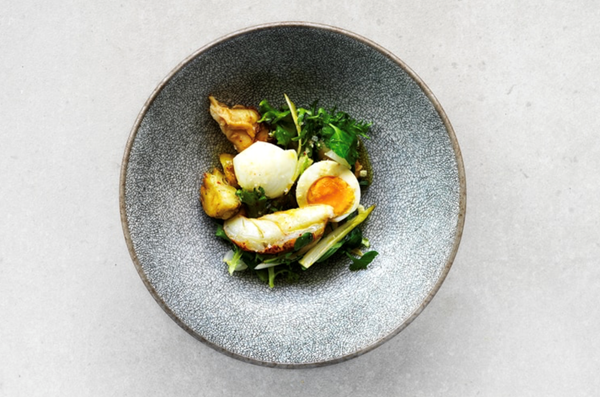 Warm butter-poached Moreton Bay bugs with kipfler, witlof, artichoke and tarragon salad