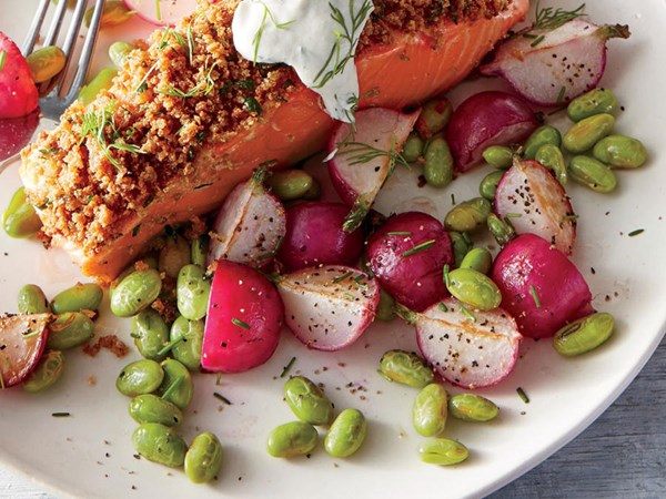 Warm buttered radish and edamame salad