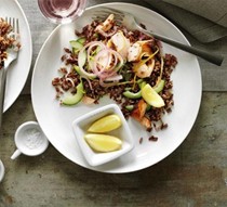 Warm Camargue red rice and salmon salad