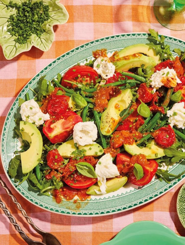 Warm Caprese salad with roasted tomato vinaigrette