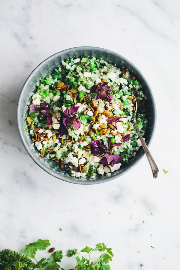 Warm cauliflower ‘couscous’ salad with green peas & herbs