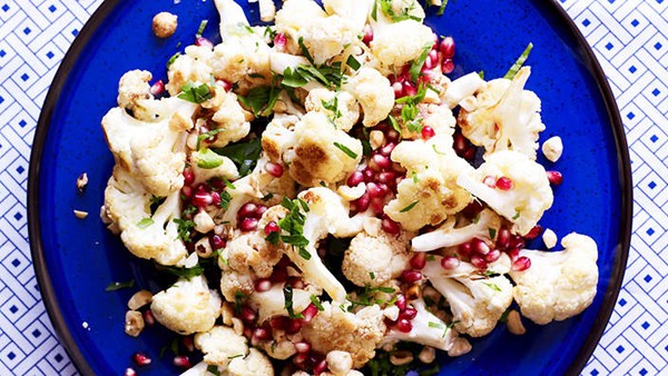 Warm cauliflower salad with hazelnuts and pomegranate