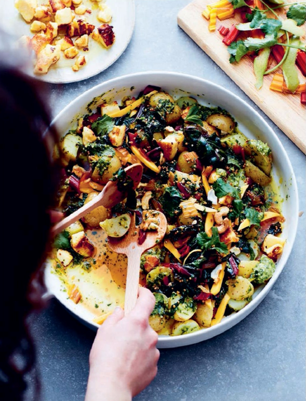 Warm chard, mango + crispy paneer with mustard seeds, potatoes, coriander chutney and cashews