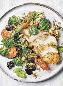 Warm chicken & broccoli salad with black garlic dressing