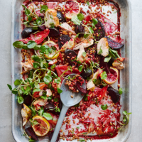 Warm chicken. beetroot and mixed grain salad