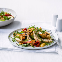 Warm chicken, new potato and red pepper salad