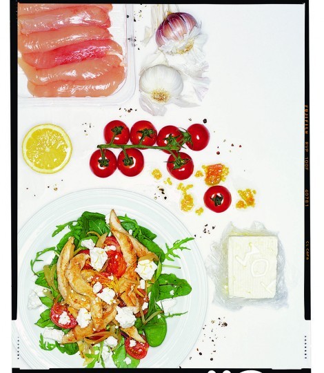 Warm chicken, tomato, feta and lemon salad