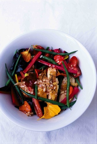 Warm chicken with green beans and chard